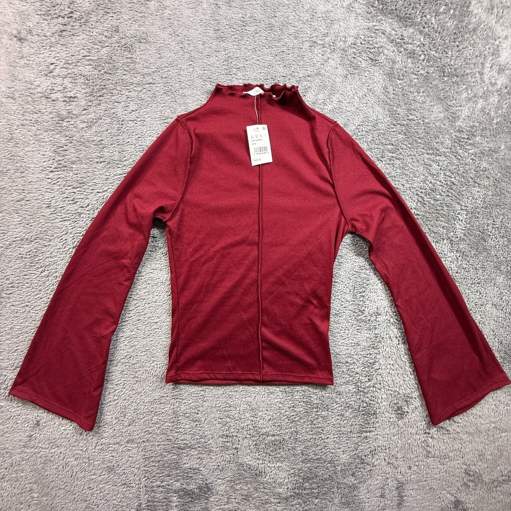 LUSH Anthropologie Womens Long Sleeve Flare Top Ribbed Wine Red NWT S